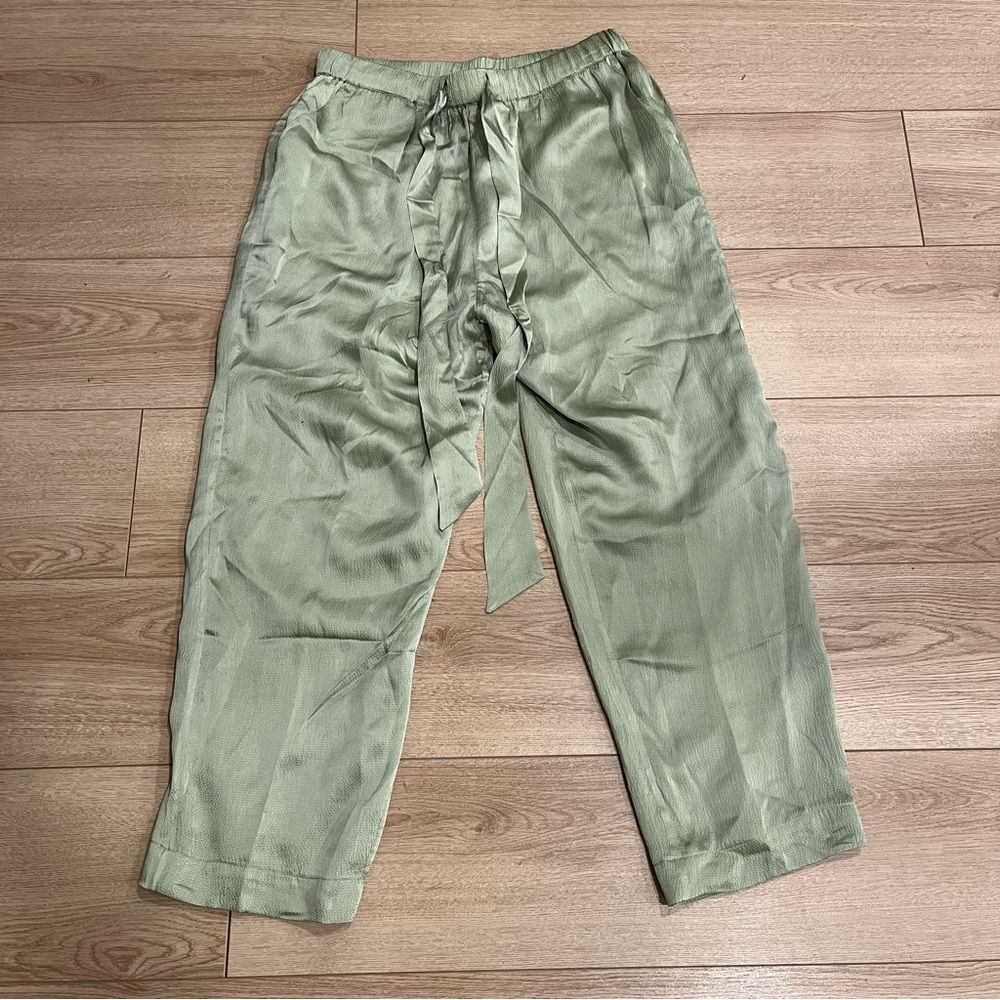NWT Roller Rabbit Sage Green Satin Textured Drawstring Pull On Pants Size L